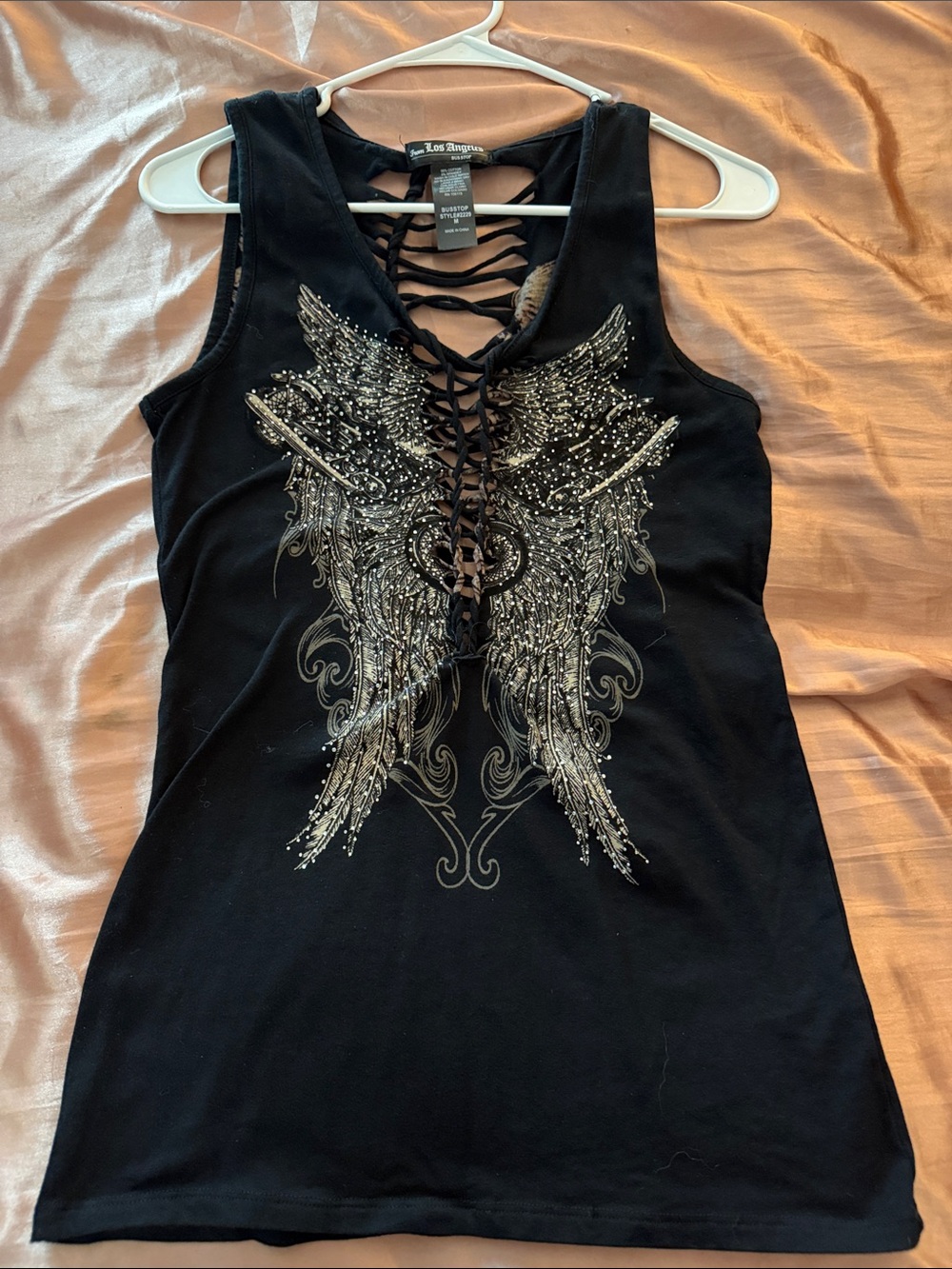 Los Angeles Apparel Black Embellished Wing Lace-Up Tank